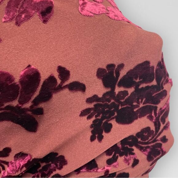 Vintage Velvet Floral Blouse, Large. Burgundy maroon semi sheer t-shirt top - Picture 8 of 13